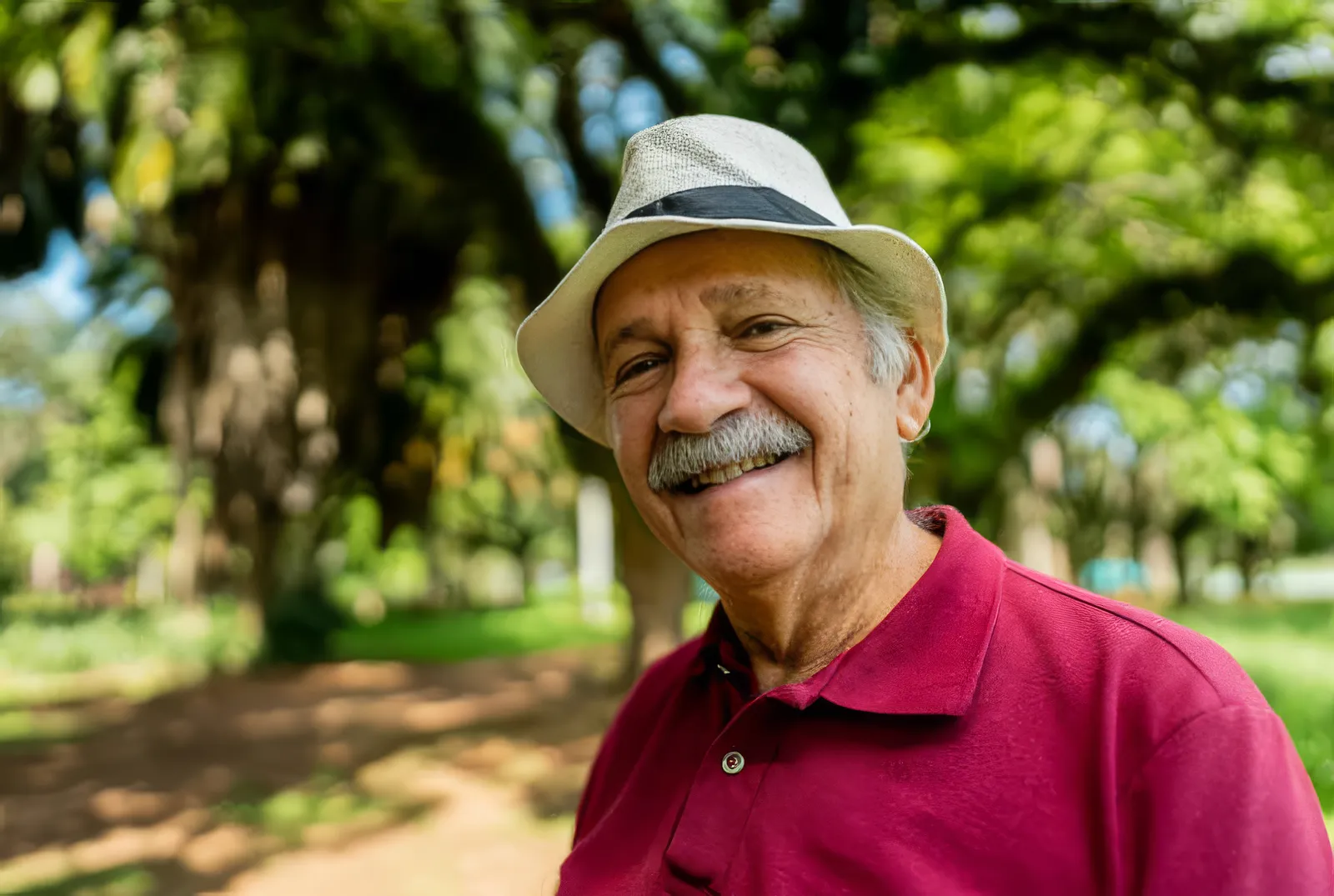 A smiling older man in a straw hat, outdoors under trees
