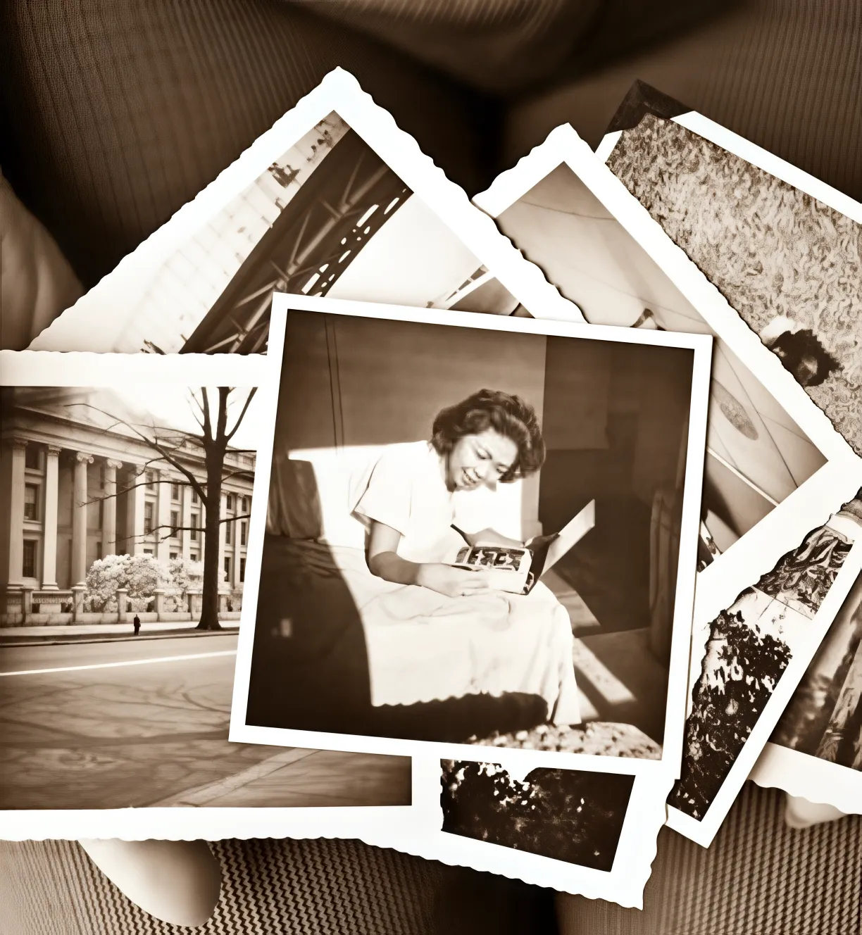 A pile of old black-and-white family photographs