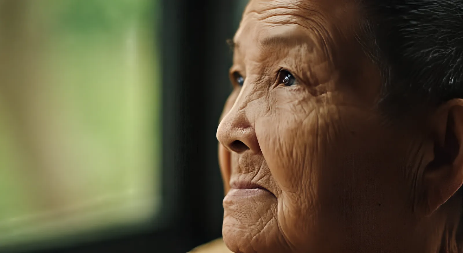 An older woman in profile, lit by a window